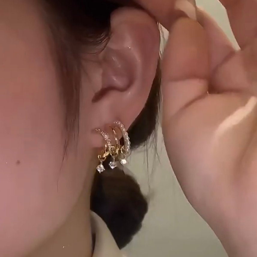 CRYSTAL GOLD HOOP Earrings Set For Women, 14k Filled Gold Dainty Earrings, Huggie Hoop Earrings, Patterned Earrings, Korean Earrings Gold