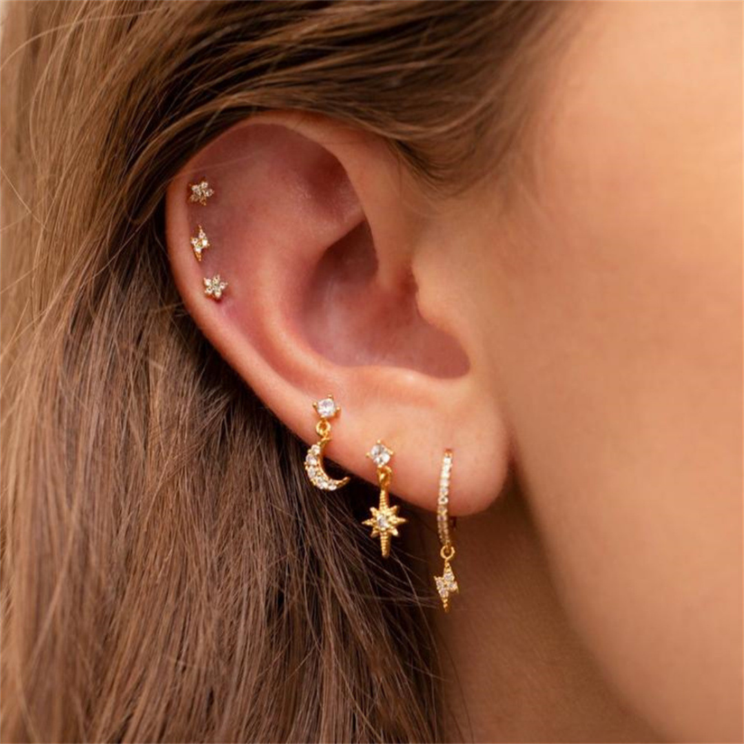 DUSK TILL DAWN Earrings Set – Gold Celestial Ear Stack with Moon, Stars & CZ Crystals | Dainty Hoop & Stud Set | Jaycii Jewelry