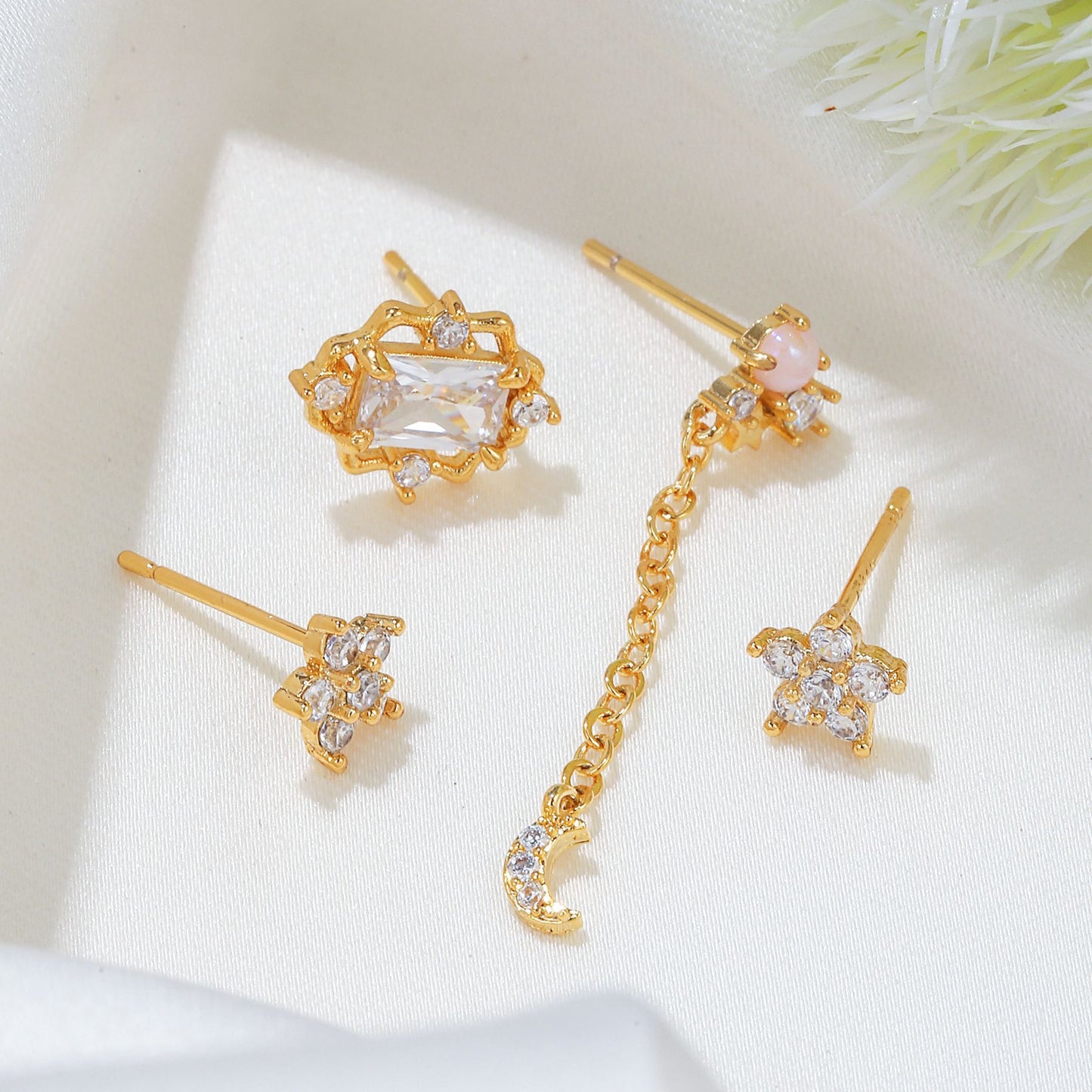 GOLDEN SKY Earring Set | Mismatched Gold-Plated Moon & Star Studs | Celestial Jewelry with CZ Crystals