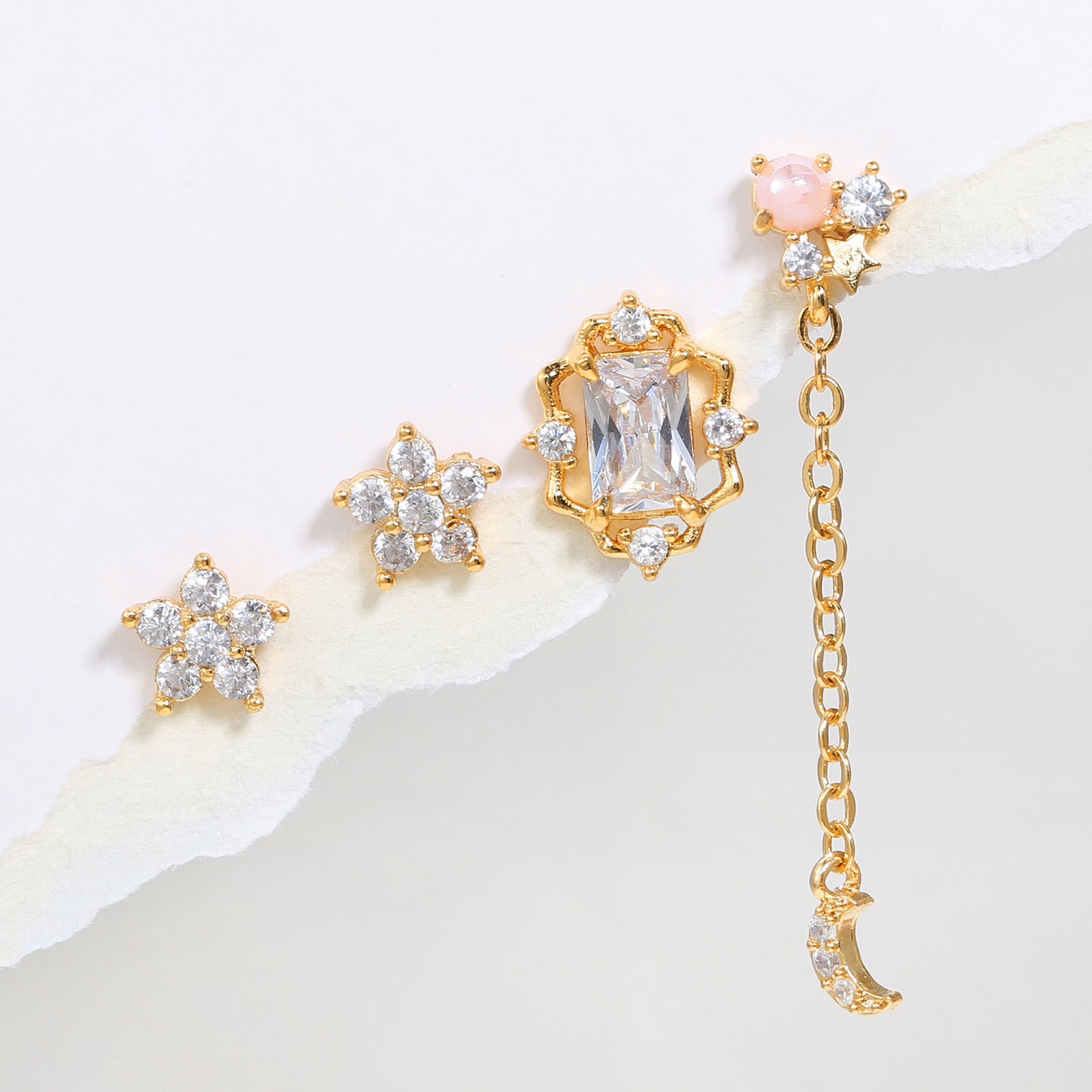 GOLDEN SKY Earring Set | Mismatched Gold-Plated Moon & Star Studs | Celestial Jewelry with CZ Crystals