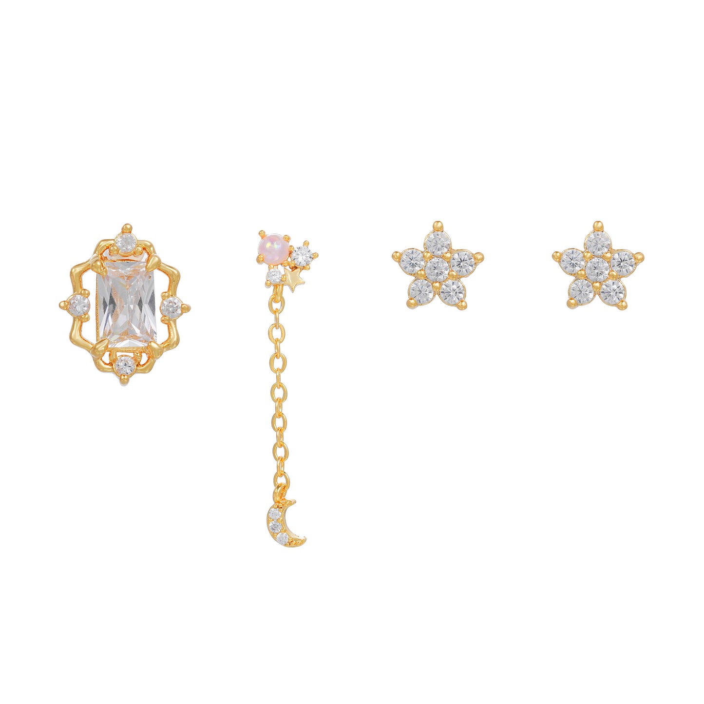 GOLDEN SKY Earring Set | Mismatched Gold-Plated Moon & Star Studs | Celestial Jewelry with CZ Crystals