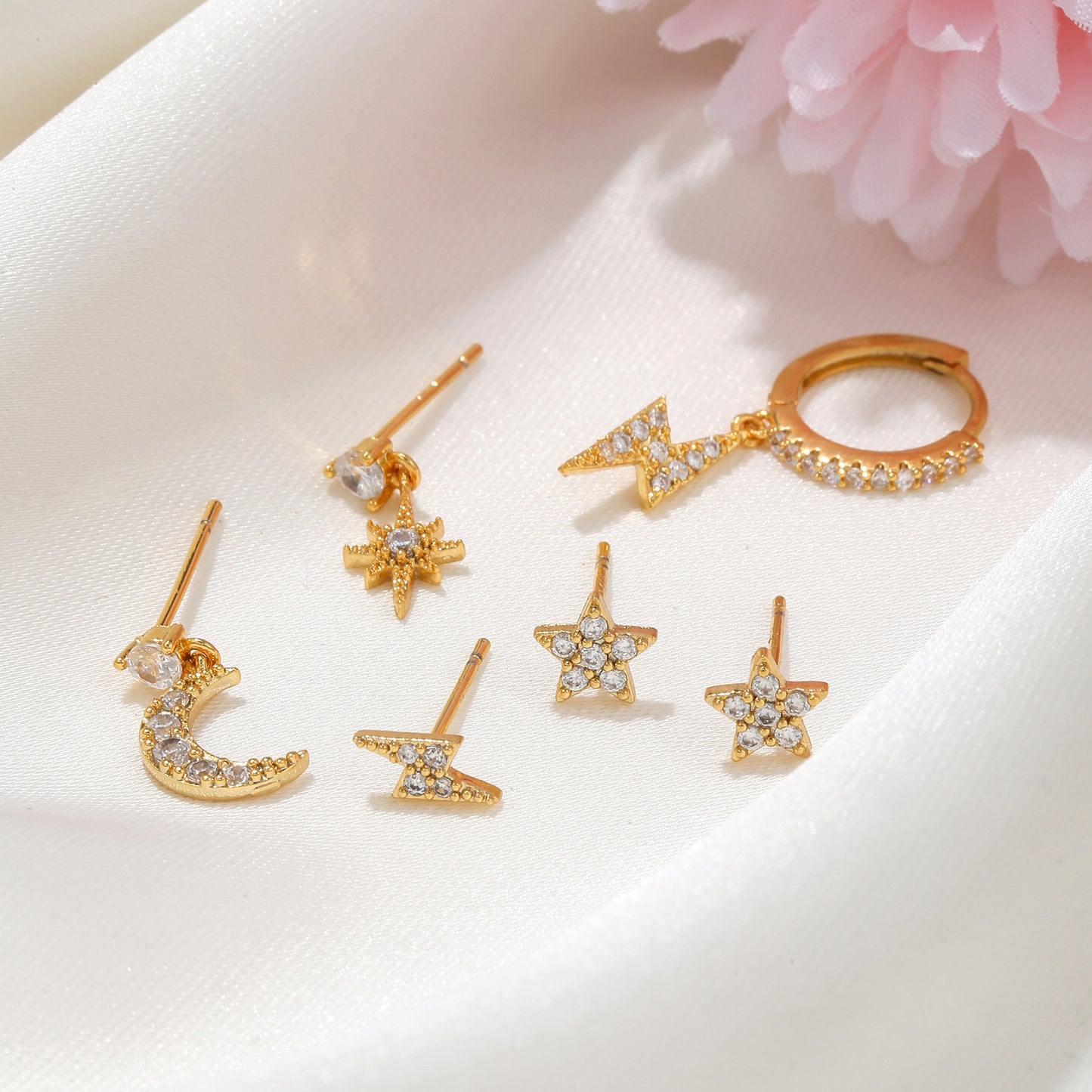 DUSK TILL DAWN Earrings Set – Gold Celestial Ear Stack with Moon, Stars & CZ Crystals | Dainty Hoop & Stud Set | Jaycii Jewelry