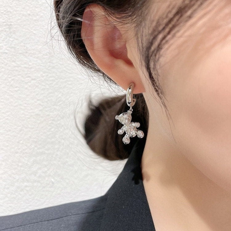 SILVER TEDDY BEAR Earrings, Silver Drop Earrings, Crystal Earrings, Statement Earrings, Silver Dangle Earrings, Teddy Bear Earrings For Her