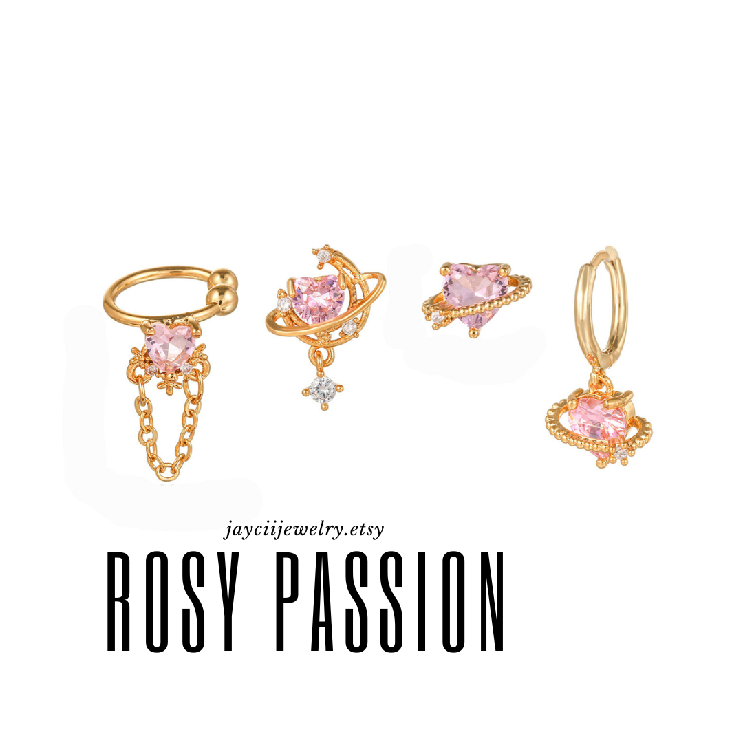 ROSY PASSION Mismatched Pink Heart Earring Set | Gold Planet, Chain & Hoop Earrings with CZ | Kawaii Valentine Jewelry Gift "