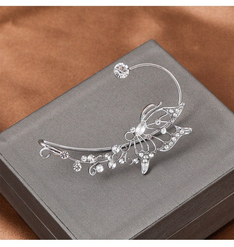 CELESTIAL BUTTERFLY ELF Floral Animal Elegant Ear Wrap Earrings, Dainty Diamond Quartz Clear Stone Jewelry, Non-Piercing Comfortable Earring