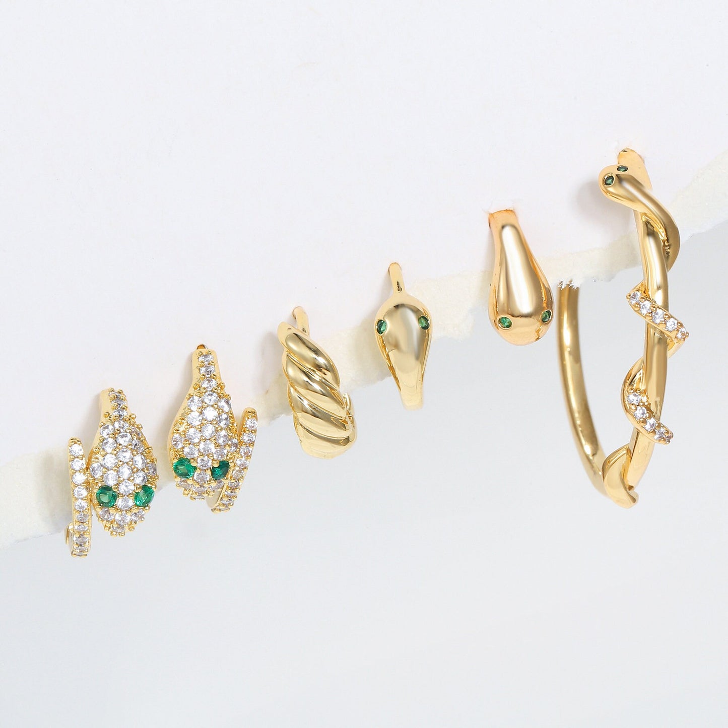MEDUSA - GOLD MULTIPLE Pierces Classic Customized Earrings, Best Gift For Wedding Important Event, Animal Green Snake Crystal Earrings