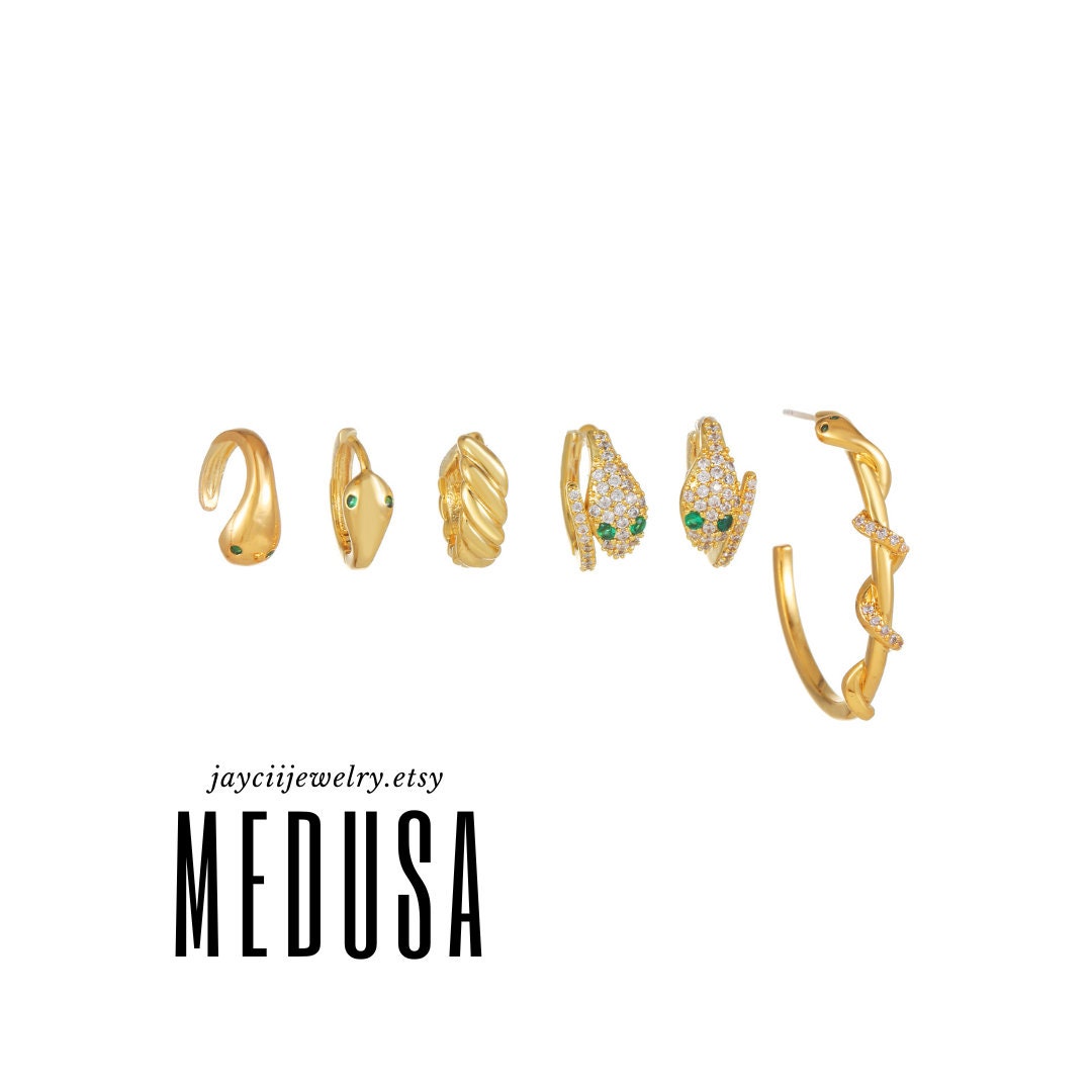 MEDUSA - GOLD MULTIPLE Pierces Classic Customized Earrings, Best Gift For Wedding Important Event, Animal Green Snake Crystal Earrings