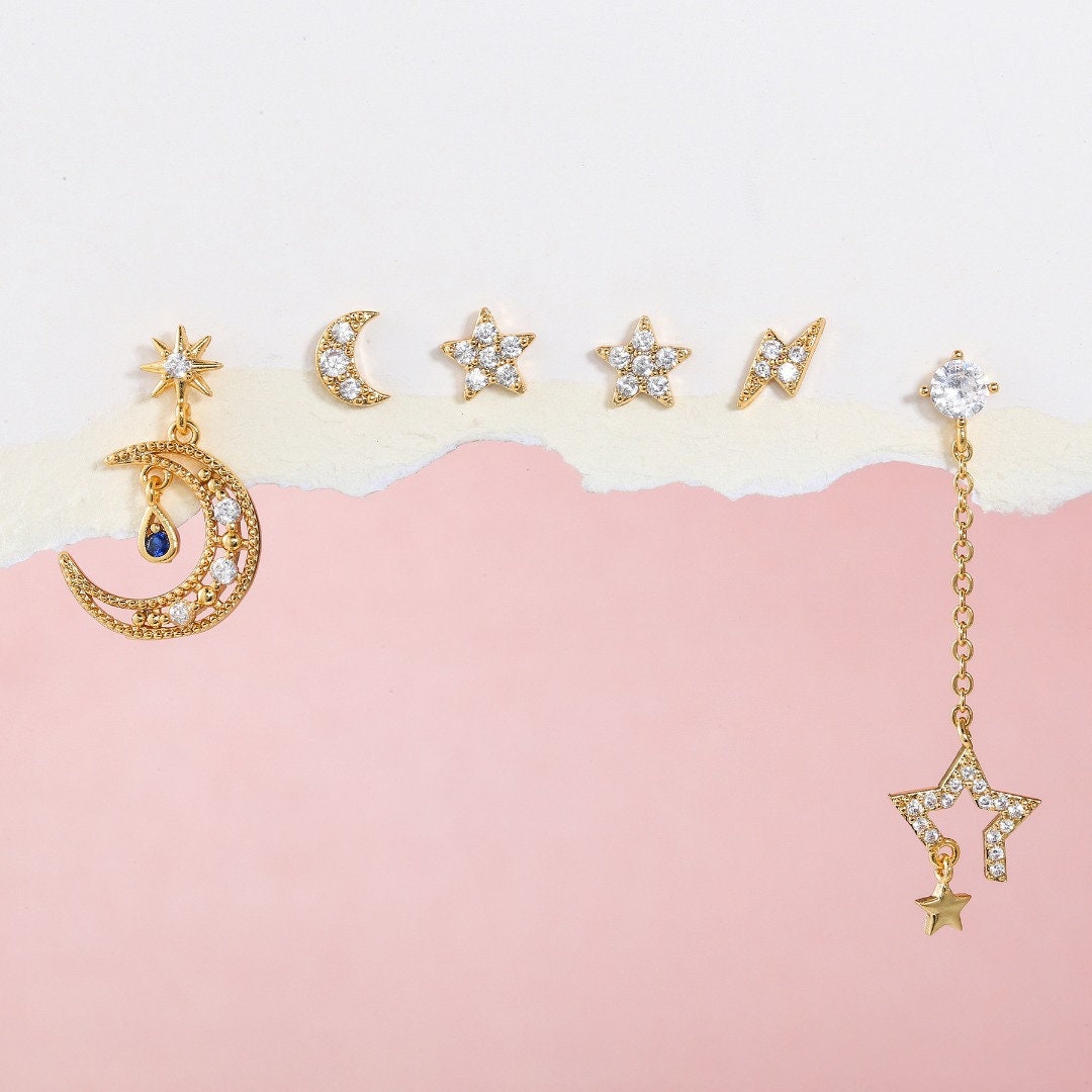 BLUE TEAR Gold Celestial Earring Set | Mismatched Star Moon Lightning Studs & Dangles | Dainty Galaxy Jewelry Gift for Her