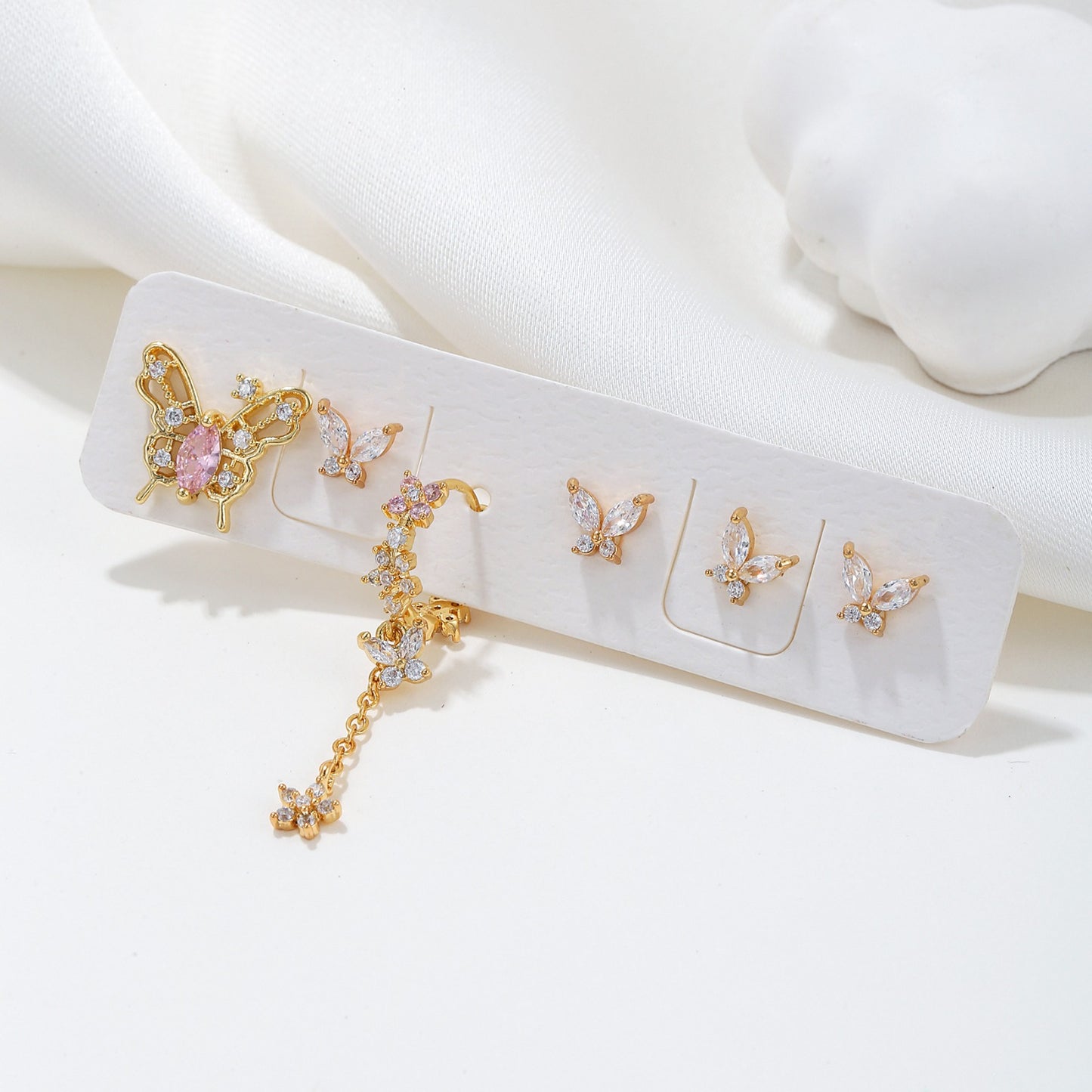 BUTTERFLY KISSES Mismatched Earring Set | Pink & Crystal Butterfly Studs and Drop Earrings | Dainty Spring Jewelry Gift for Her