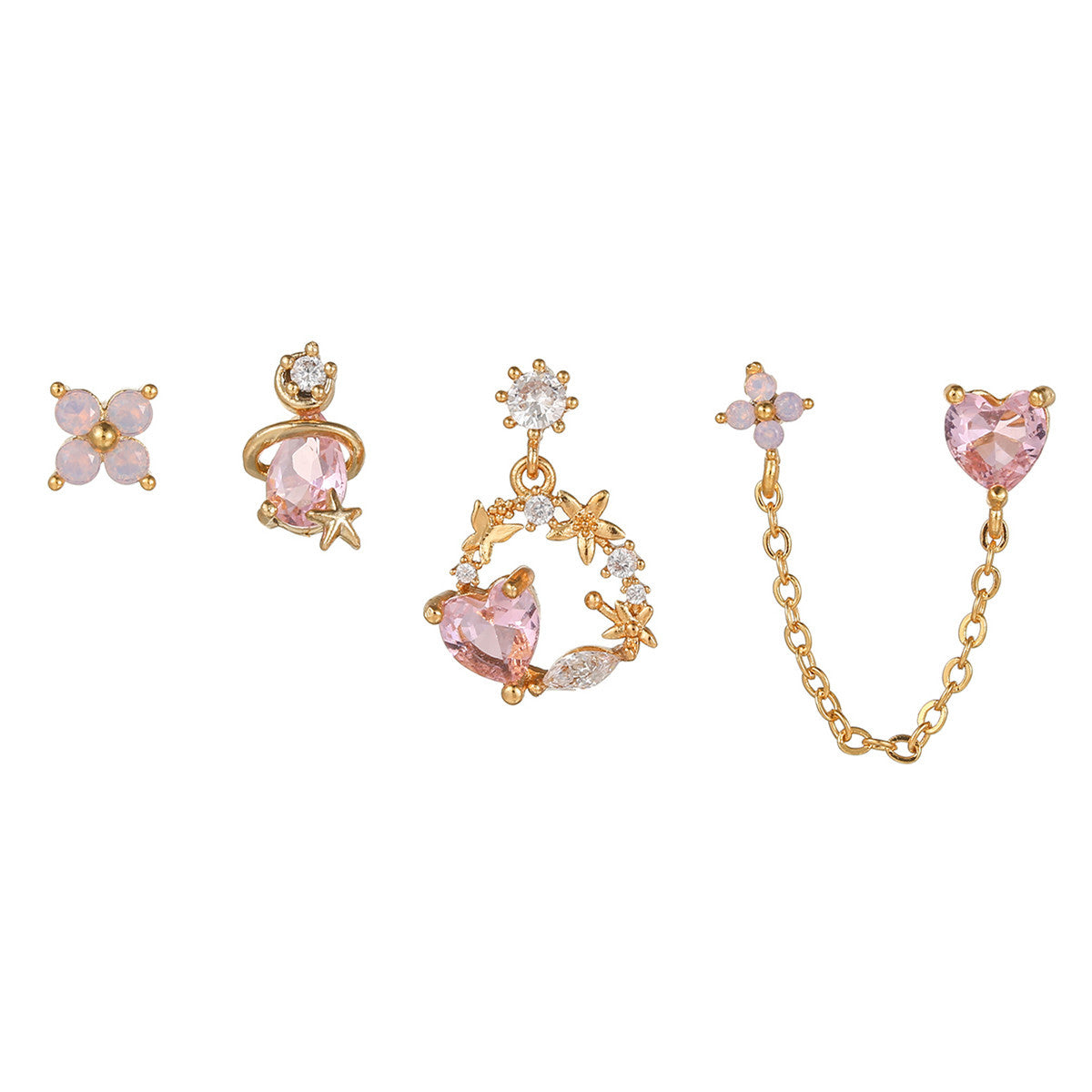 FLUSHED WREATH Pink Heart & Floral Earring Set | Mismatched Dainty Gold Earrings with Chain & Planet Design | Romantic Gift for Her
