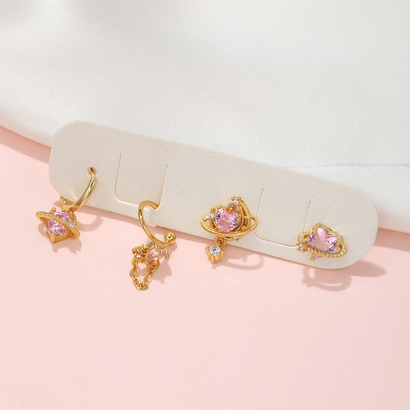 ROSY PASSION Mismatched Pink Heart Earring Set | Gold Planet, Chain & Hoop Earrings with CZ | Kawaii Valentine Jewelry Gift "