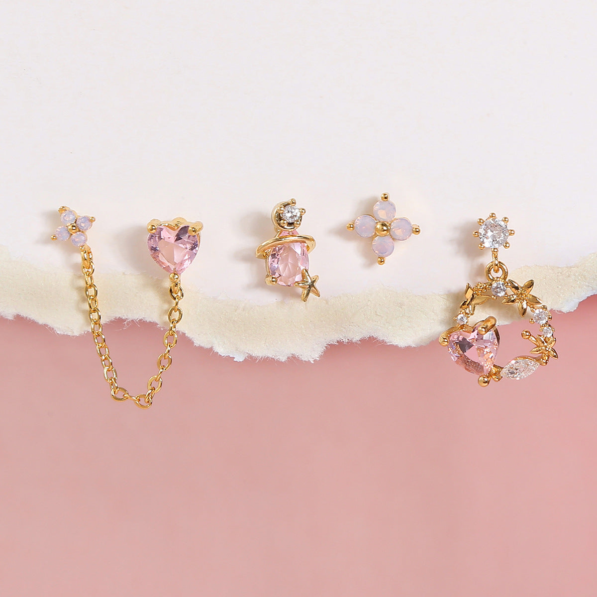 FLUSHED WREATH Pink Heart & Floral Earring Set | Mismatched Dainty Gold Earrings with Chain & Planet Design | Romantic Gift for Her