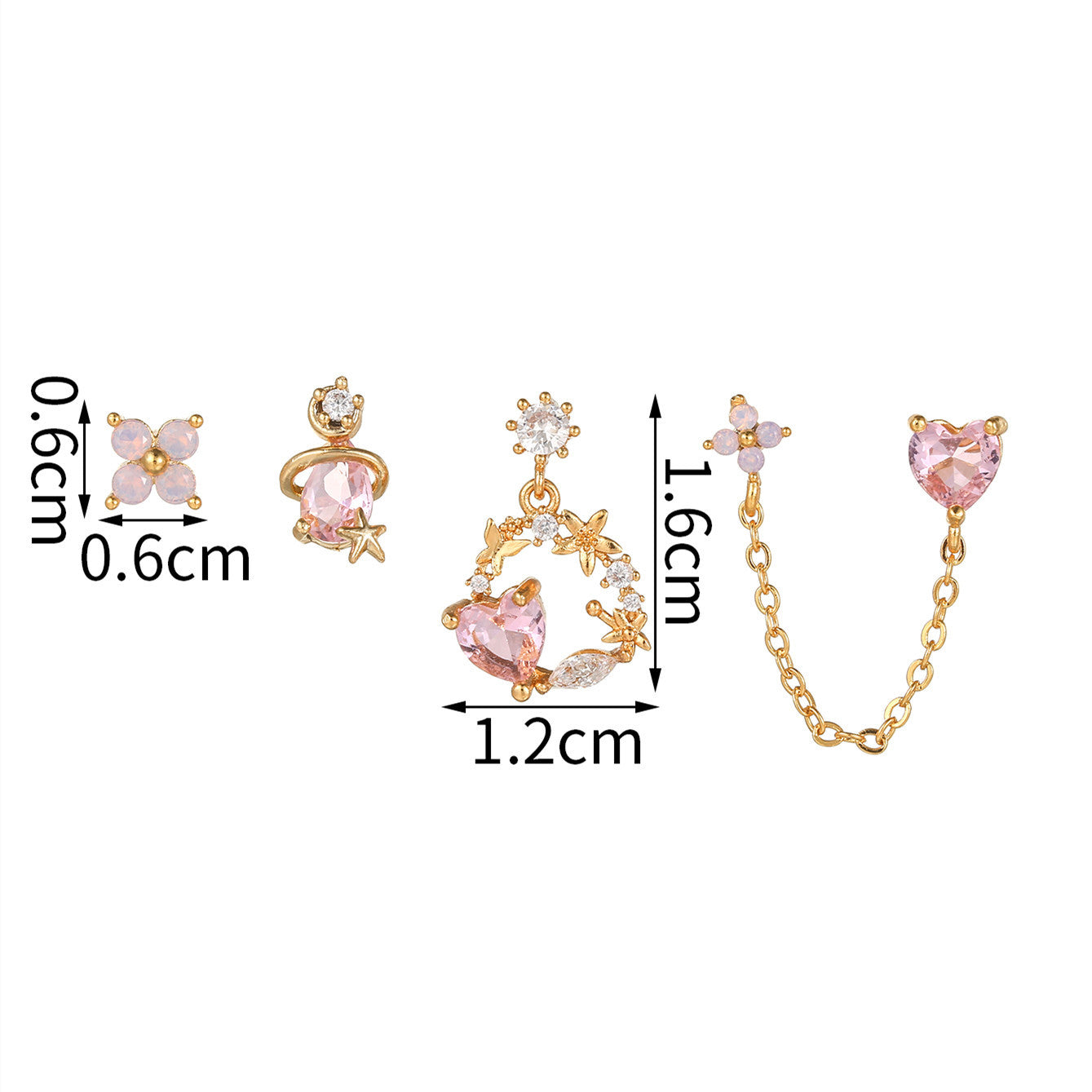 FLUSHED WREATH Pink Heart & Floral Earring Set | Mismatched Dainty Gold Earrings with Chain & Planet Design | Romantic Gift for Her