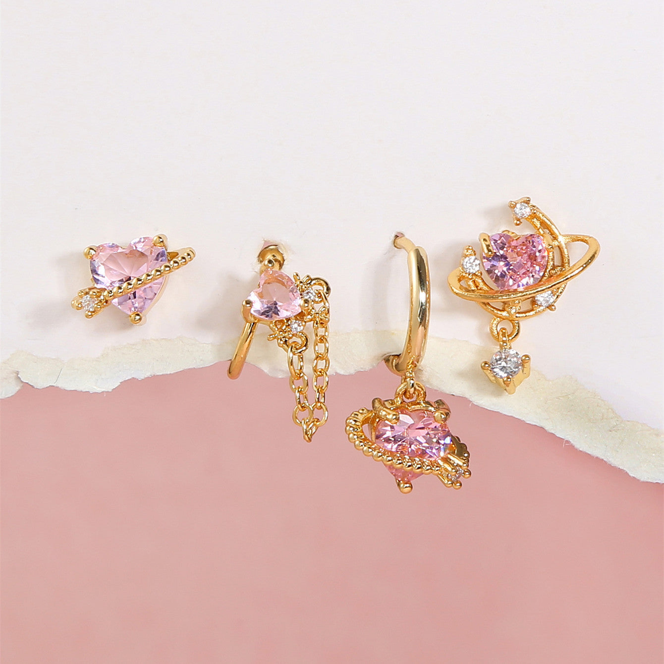 ROSY PASSION Mismatched Pink Heart Earring Set | Gold Planet, Chain & Hoop Earrings with CZ | Kawaii Valentine Jewelry Gift "