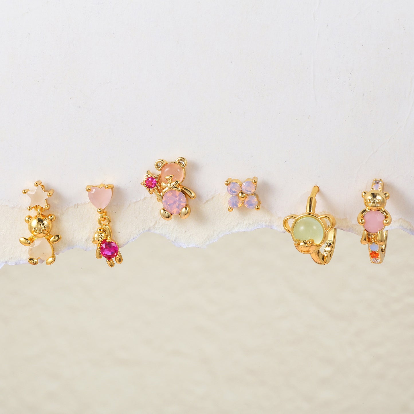 BEANIE BABY Earrings Set – Gold Teddy Bear Mismatch Studs & Hoops with Pastel Crystals | Cute Kawaii Bear Jewelry | Jaycii Jewelry