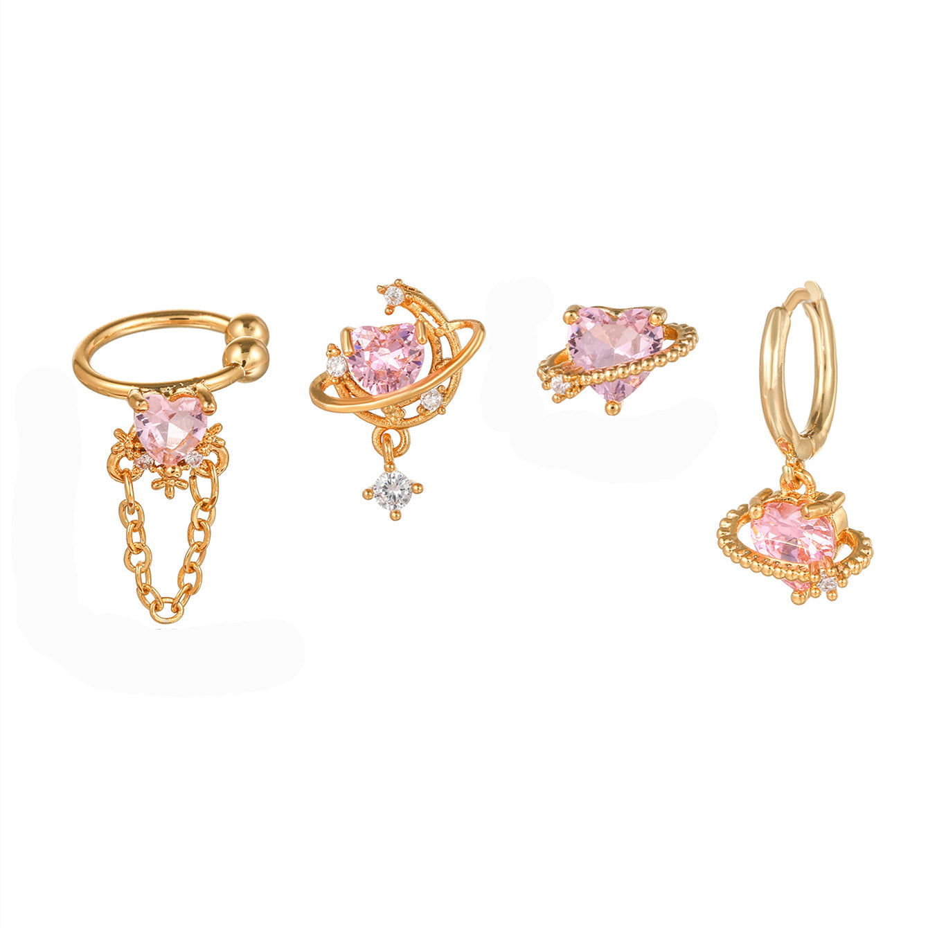 ROSY PASSION Mismatched Pink Heart Earring Set | Gold Planet, Chain & Hoop Earrings with CZ | Kawaii Valentine Jewelry Gift "
