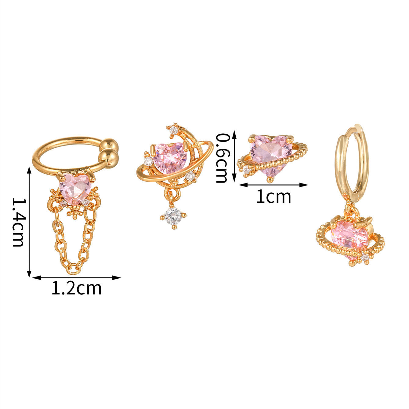 ROSY PASSION Mismatched Pink Heart Earring Set | Gold Planet, Chain & Hoop Earrings with CZ | Kawaii Valentine Jewelry Gift "