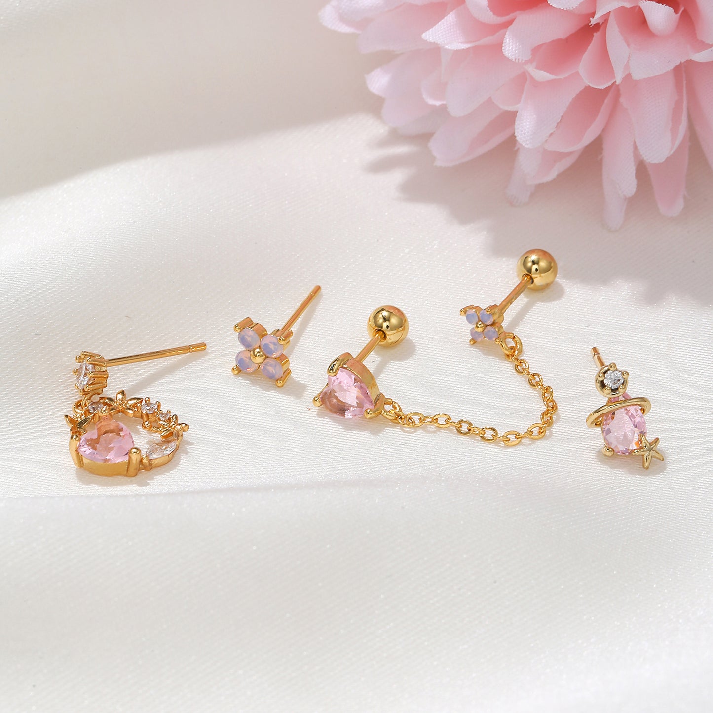 FLUSHED WREATH Pink Heart & Floral Earring Set | Mismatched Dainty Gold Earrings with Chain & Planet Design | Romantic Gift for Her