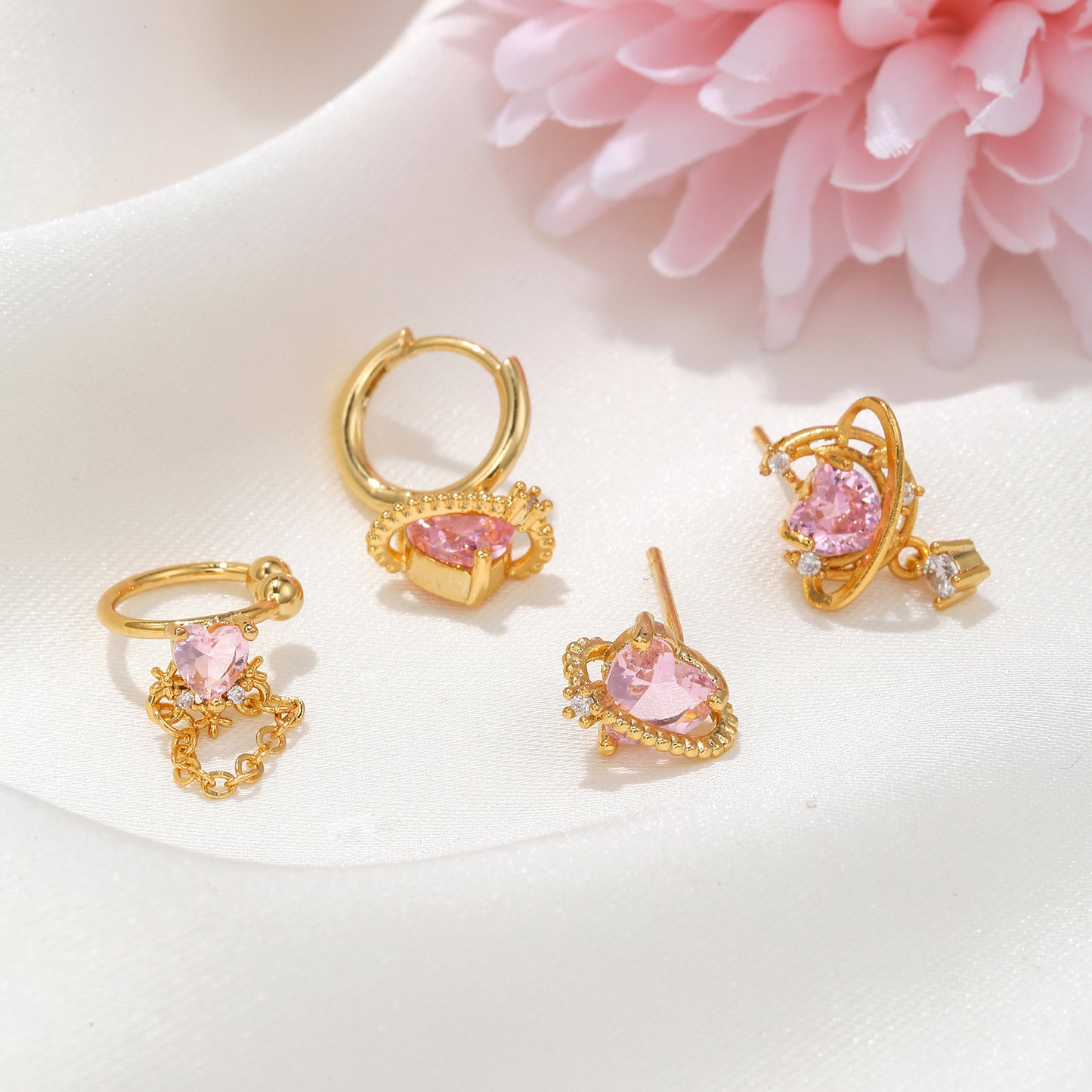 ROSY PASSION Mismatched Pink Heart Earring Set | Gold Planet, Chain & Hoop Earrings with CZ | Kawaii Valentine Jewelry Gift "