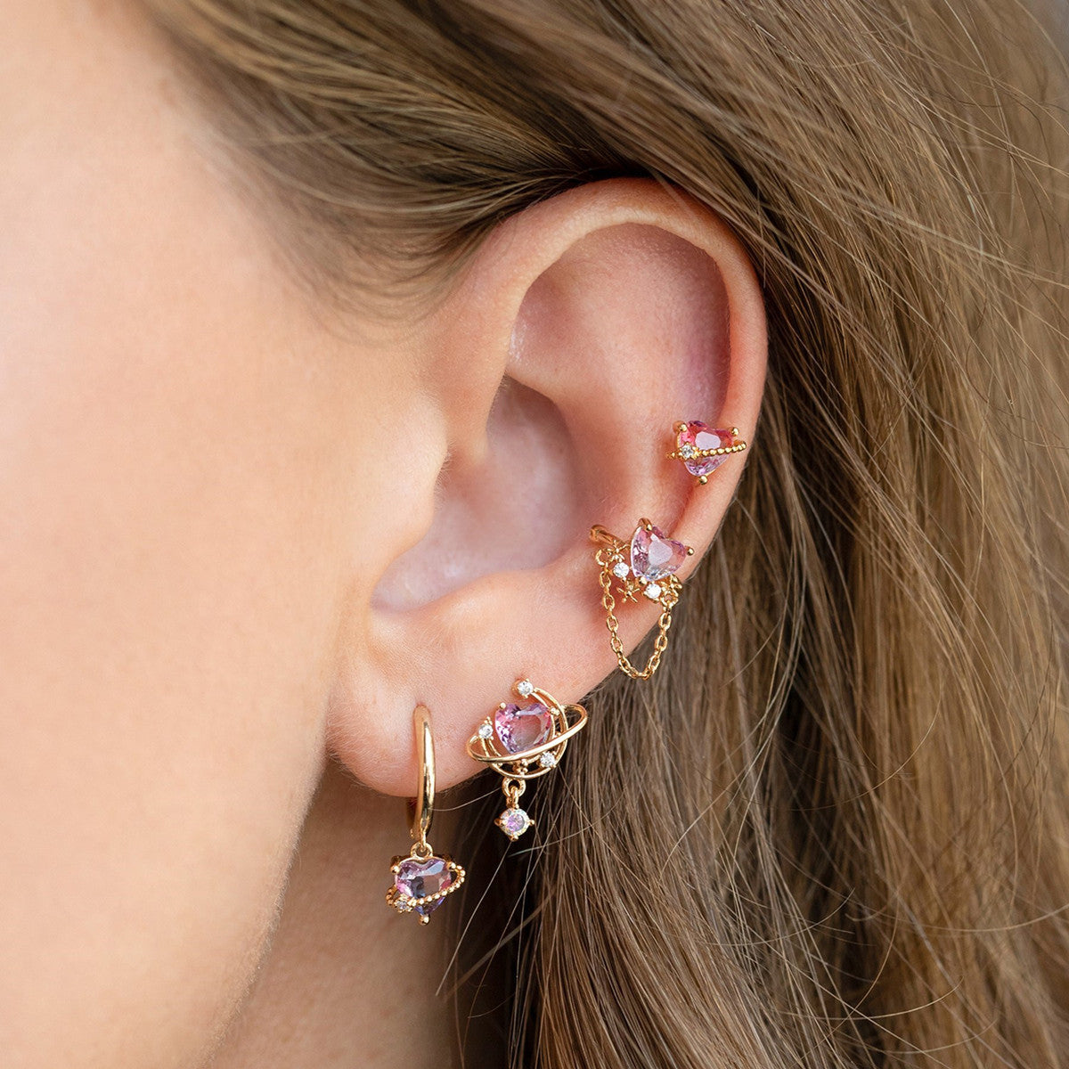 ROSY PASSION Mismatched Pink Heart Earring Set | Gold Planet, Chain & Hoop Earrings with CZ | Kawaii Valentine Jewelry Gift "