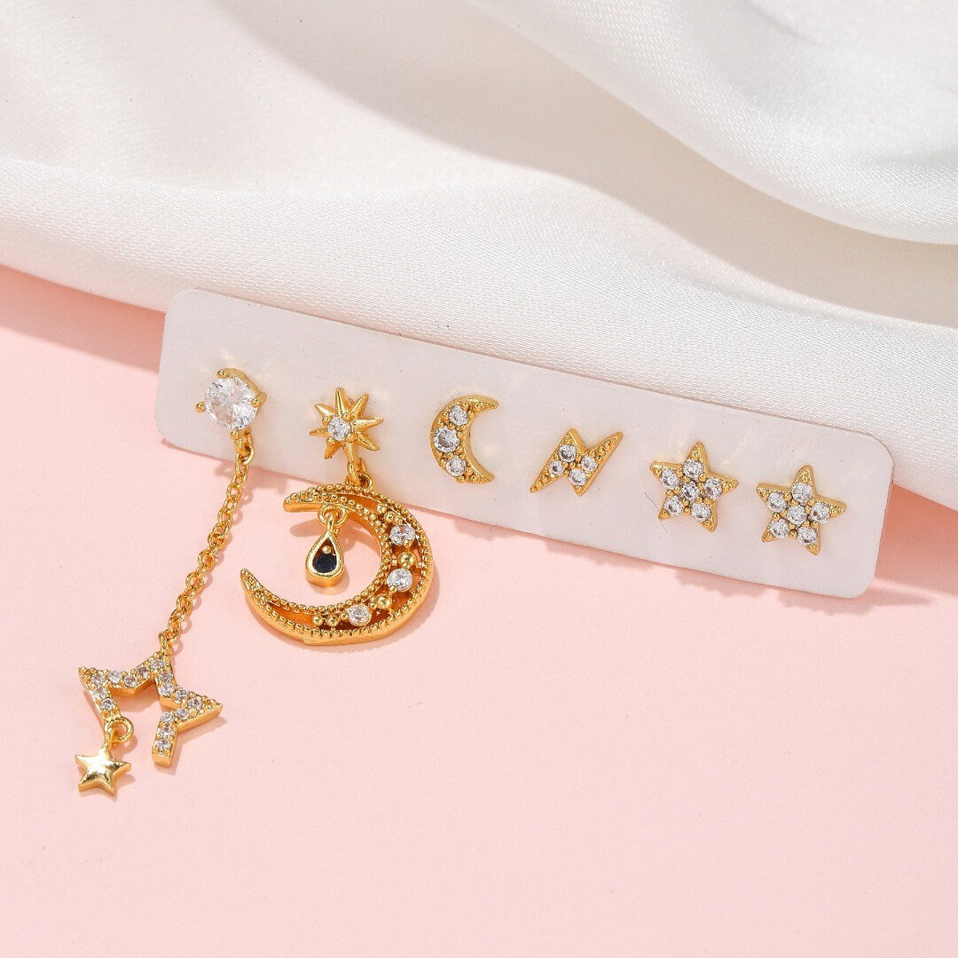 BLUE TEAR Gold Celestial Earring Set | Mismatched Star Moon Lightning Studs & Dangles | Dainty Galaxy Jewelry Gift for Her