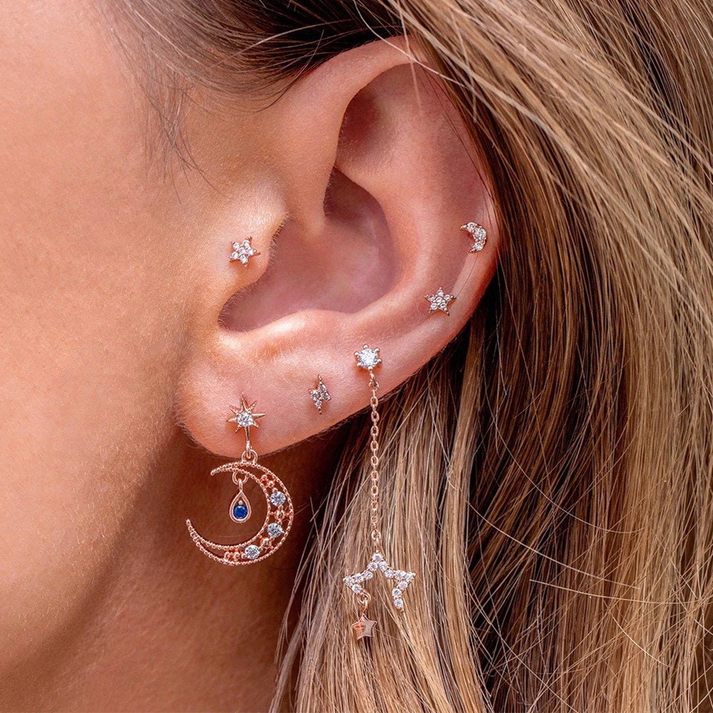 BLUE TEAR Gold Celestial Earring Set | Mismatched Star Moon Lightning Studs & Dangles | Dainty Galaxy Jewelry Gift for Her
