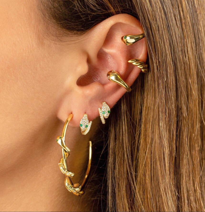 MEDUSA - GOLD MULTIPLE Pierces Classic Customized Earrings, Best Gift For Wedding Important Event, Animal Green Snake Crystal Earrings