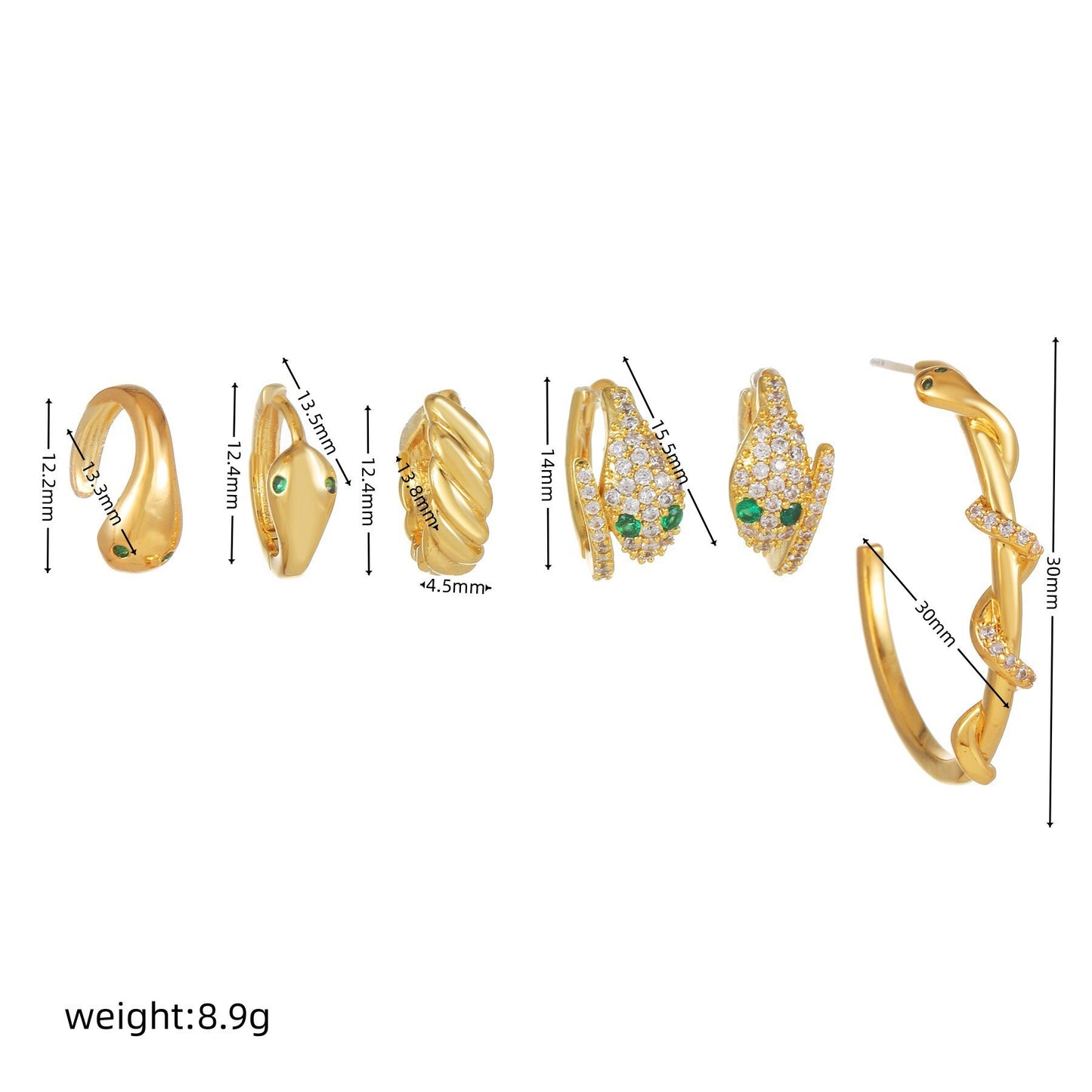 MEDUSA - GOLD MULTIPLE Pierces Classic Customized Earrings, Best Gift For Wedding Important Event, Animal Green Snake Crystal Earrings