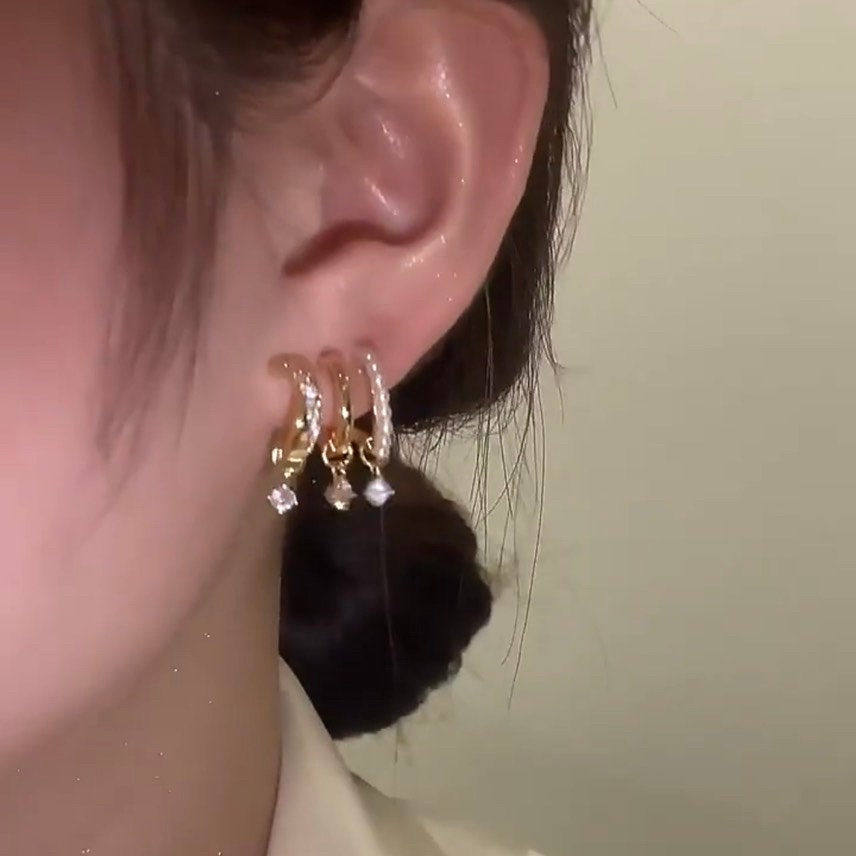 CRYSTAL GOLD HOOP Earrings Set For Women, 14k Filled Gold Dainty Earrings, Huggie Hoop Earrings, Patterned Earrings, Korean Earrings Gold