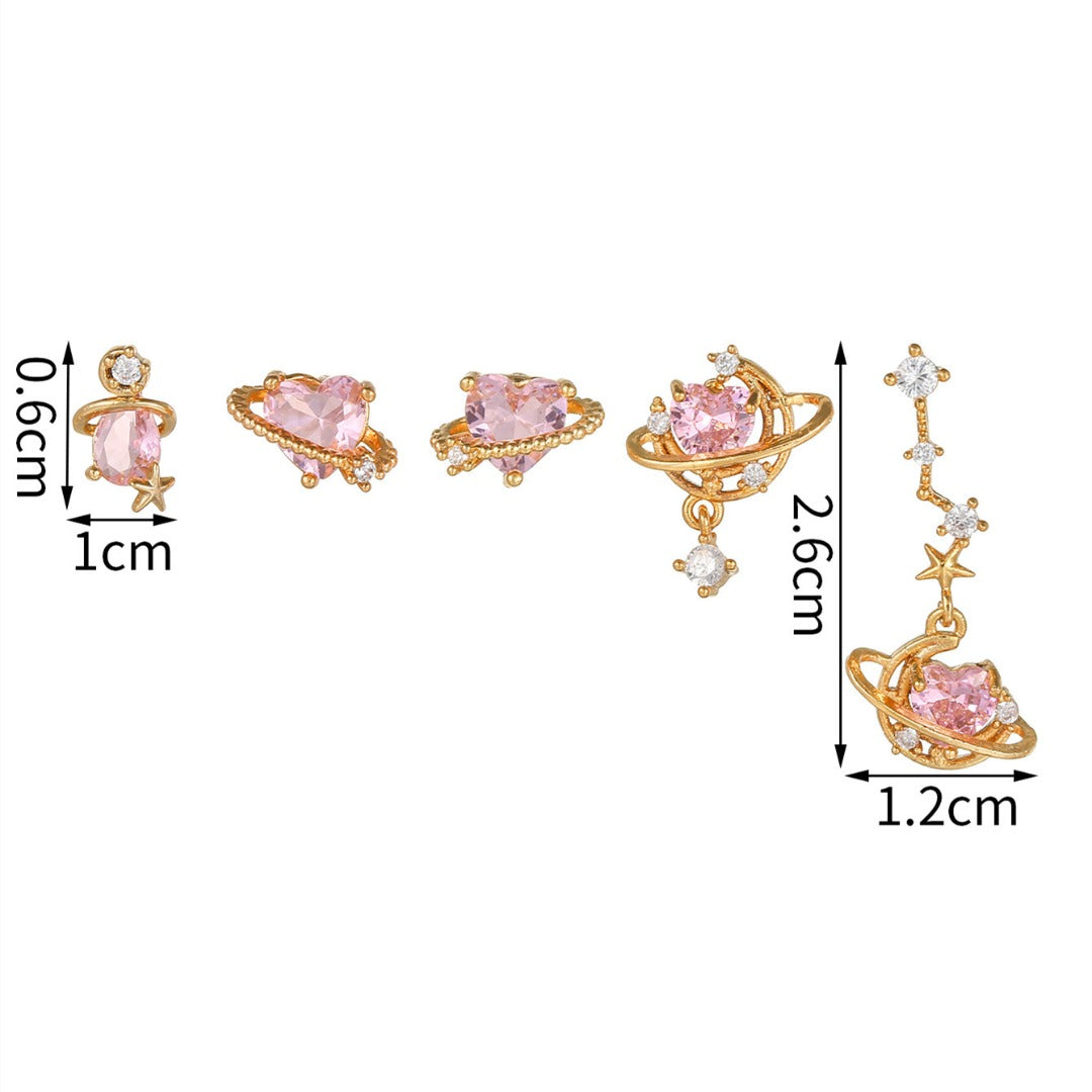 DUSTY PINK Planet Earring Set | Mismatched Gold & Pink Heart Crystal Earrings | Dainty Celestial Galaxy Jewelry Gift for Her