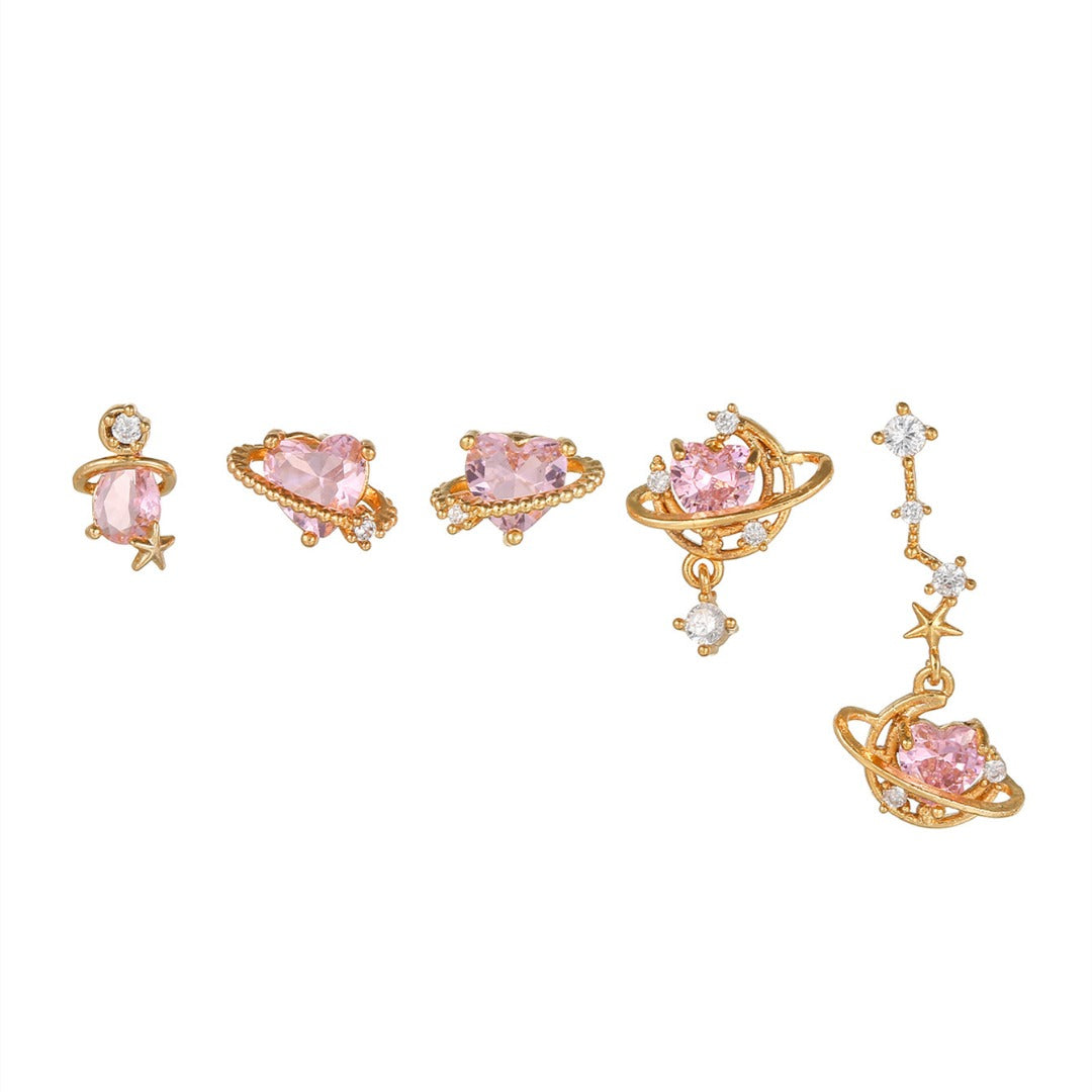 DUSTY PINK Planet Earring Set | Mismatched Gold & Pink Heart Crystal Earrings | Dainty Celestial Galaxy Jewelry Gift for Her