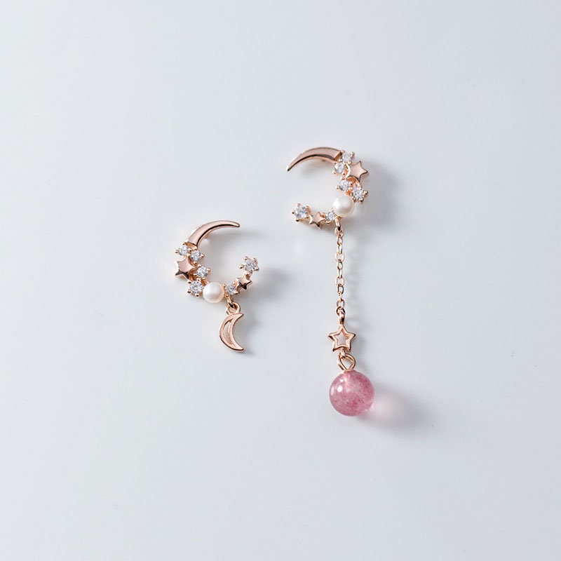 Celestial Earrings Moon Crescent Tiny Stars Dangle Drop Mismatched Earrings Rose Gold Pearl Dainty Minimalist Boho Jewelry Graduation Gift