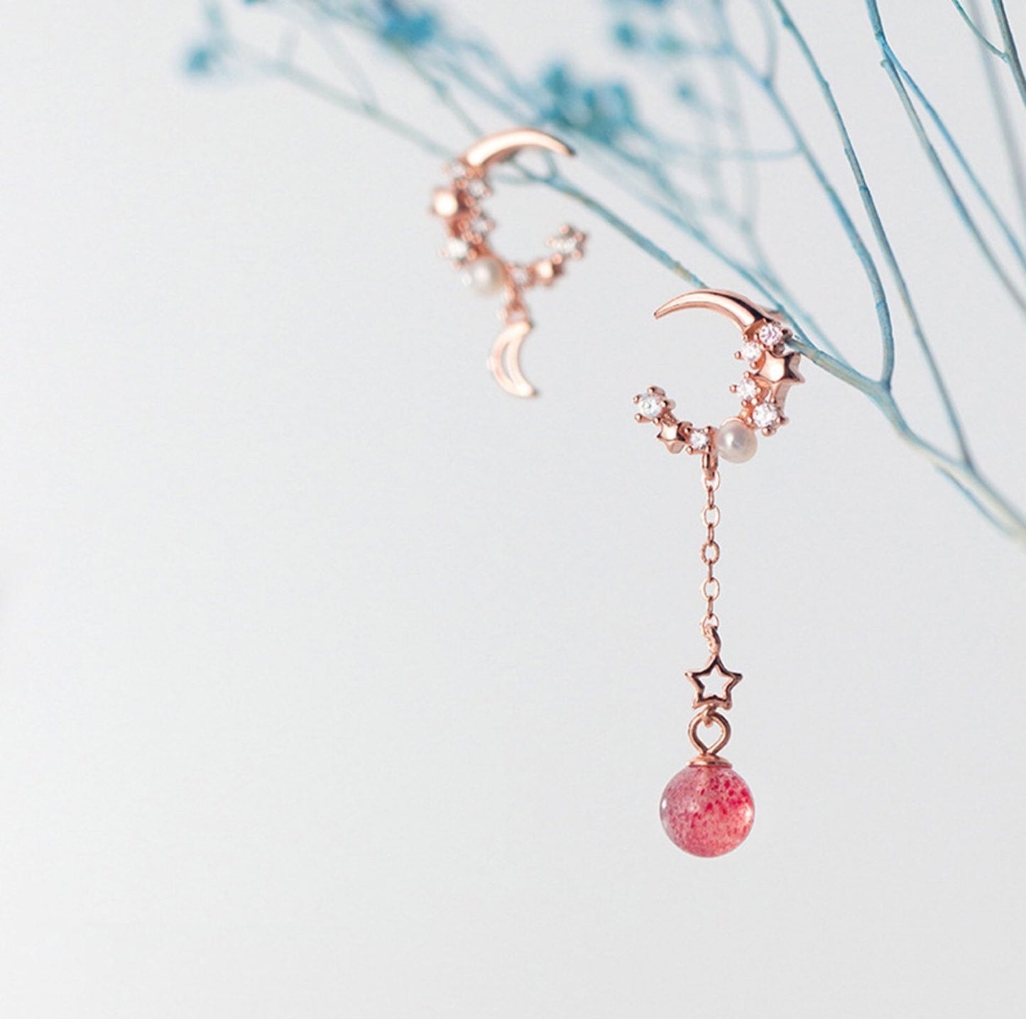Celestial Earrings Moon Crescent Tiny Stars Dangle Drop Mismatched Earrings Rose Gold Pearl Dainty Minimalist Boho Jewelry Graduation Gift