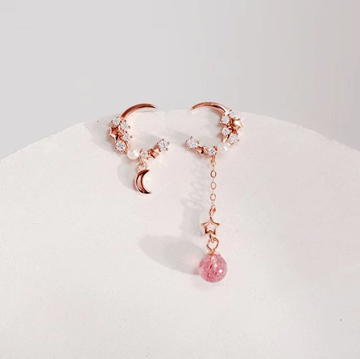 Celestial Earrings Moon Crescent Tiny Stars Dangle Drop Mismatched Earrings Rose Gold Pearl Dainty Minimalist Boho Jewelry Graduation Gift