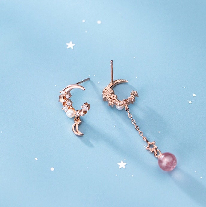 Celestial Earrings Moon Crescent Tiny Stars Dangle Drop Mismatched Earrings Rose Gold Pearl Dainty Minimalist Boho Jewelry Graduation Gift