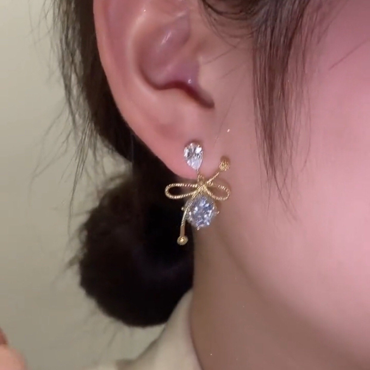Dangle Bow Crystal Earrings, Tiny Drop Earrings Gold, Celestial Earrings, Tie Bow Earrings, Prom Party Earrings, Dainty Birthstone Earrings