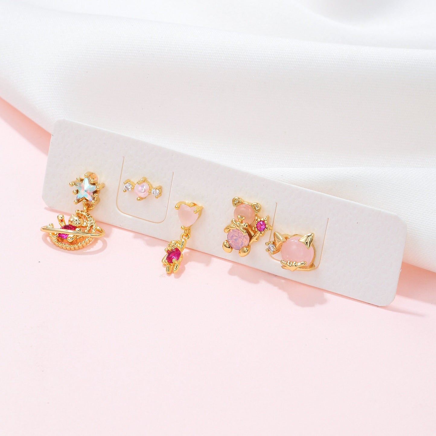 ENCHANTIC TEDDY Earring Set | Magical Pink Bear & Candy Studs | Kawaii Mismatched Gold Earrings