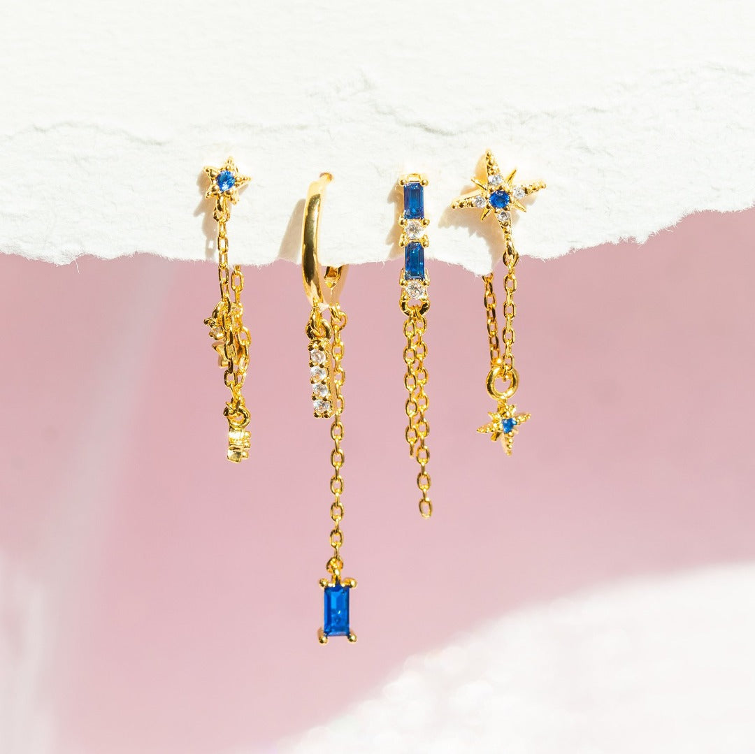 BLUE NIGHT Mismatched Gold Chain Earrings | Dainty Celestial Star & Blue Gem Drop Earring Set | Galaxy-Inspired Jewelry for Her