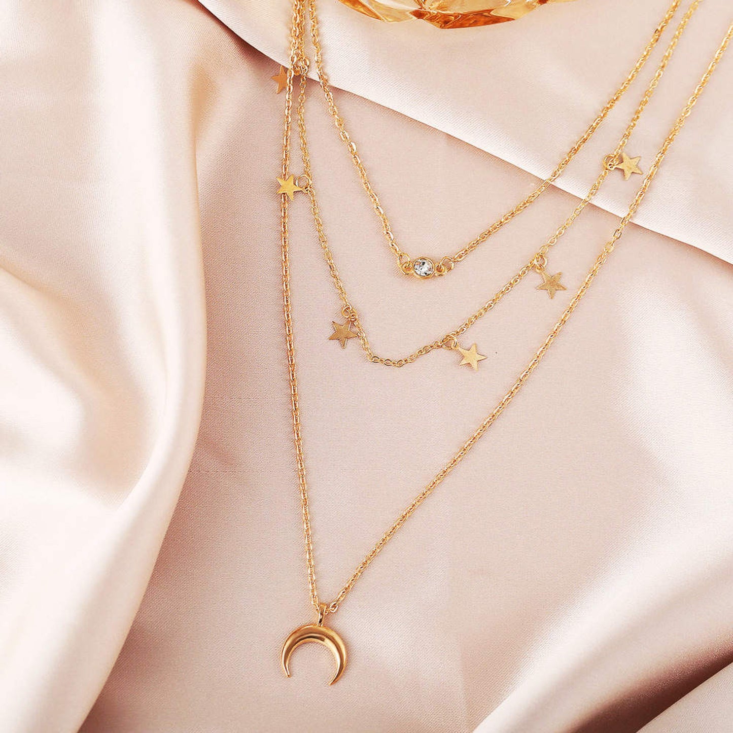 GOLD LAYERED NECKLACE, Crystal Bead Moon Shaped Necklace For Women, Dainty Necklace For Girls, Bridesmaid Necklace, Layer Necklace Gold