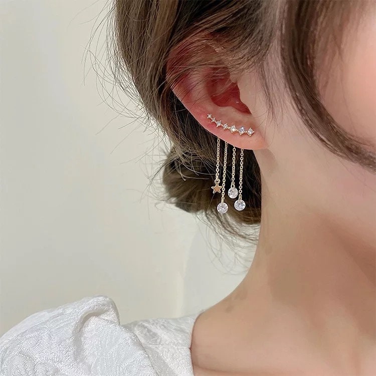 STAR EAR CLIMBER With Crystal Chain Tassel Ear Jacket Earrings Set For Women, Gift For Her, Celestial Ear Climber, Star Dangle Earrings Set