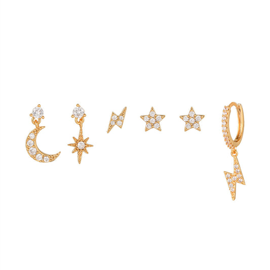 DUSK TILL DAWN Earrings Set – Gold Celestial Ear Stack with Moon, Stars & CZ Crystals | Dainty Hoop & Stud Set | Jaycii Jewelry