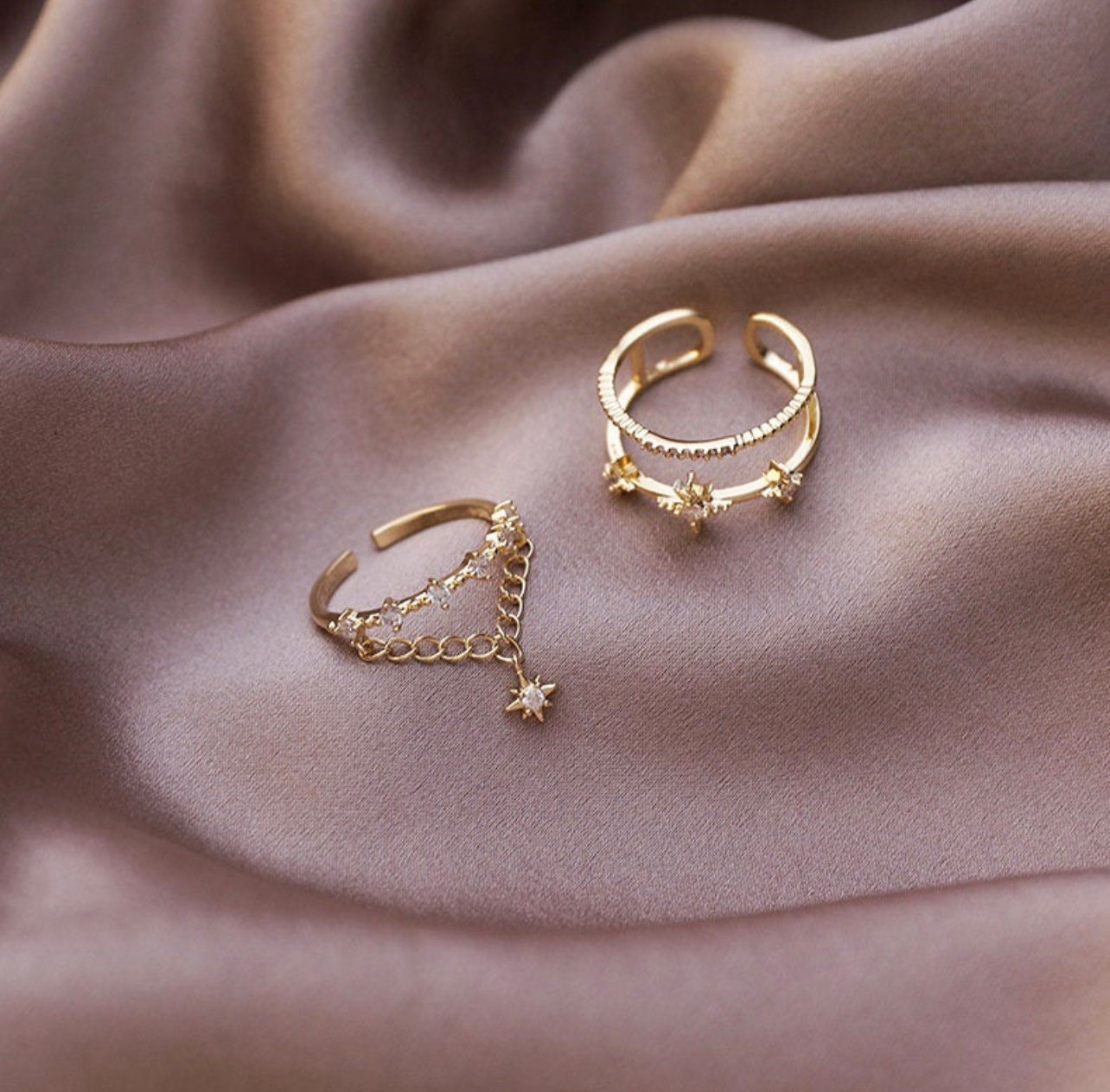 CELESTIAL GOLD CHAIN Multiple Ring Set, Adjustable Gold Star Rings, Dainty Cz Open Rings, Layering Keychain Ring Set, Floral Gold Ring Set