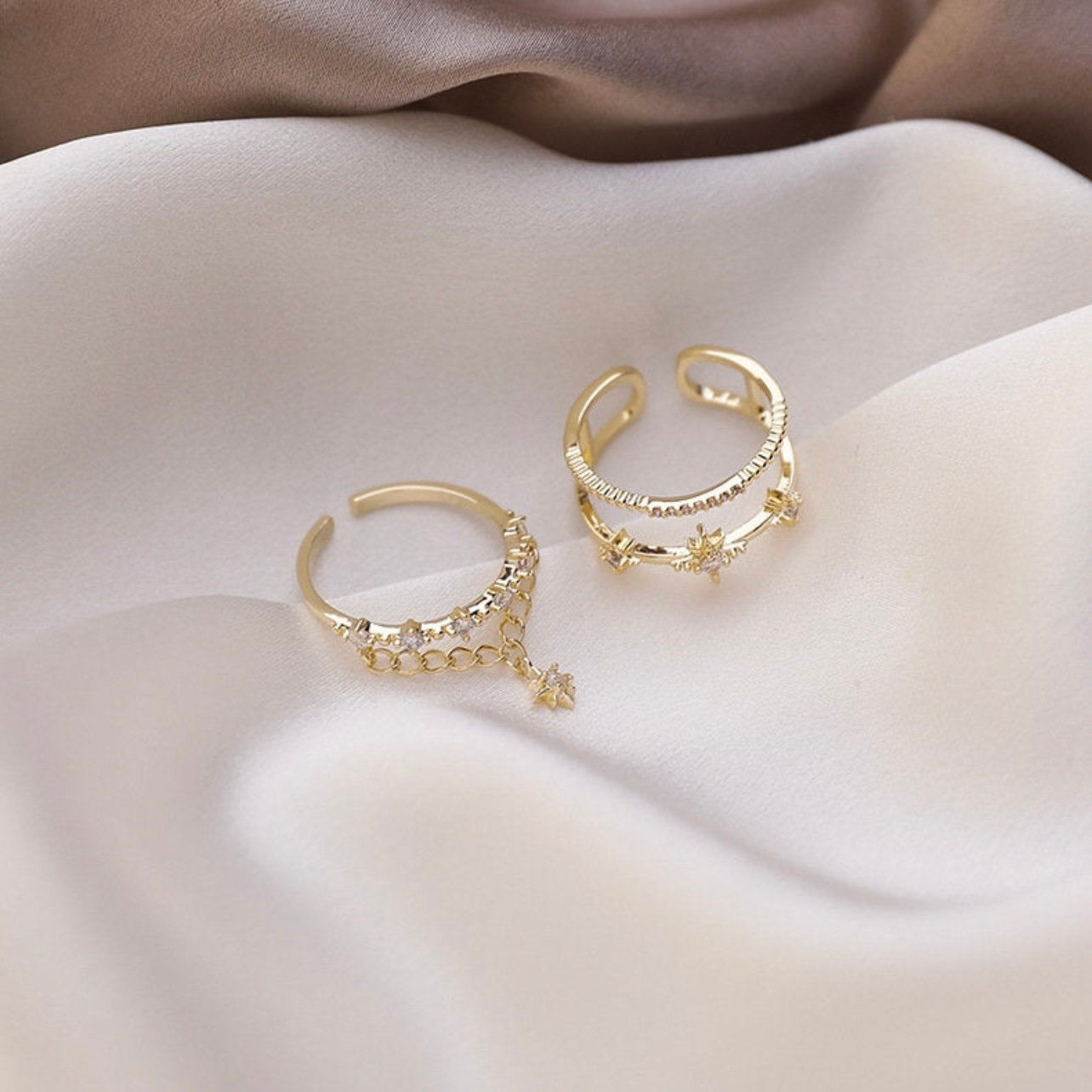 CELESTIAL GOLD CHAIN Multiple Ring Set, Adjustable Gold Star Rings, Dainty Cz Open Rings, Layering Keychain Ring Set, Floral Gold Ring Set