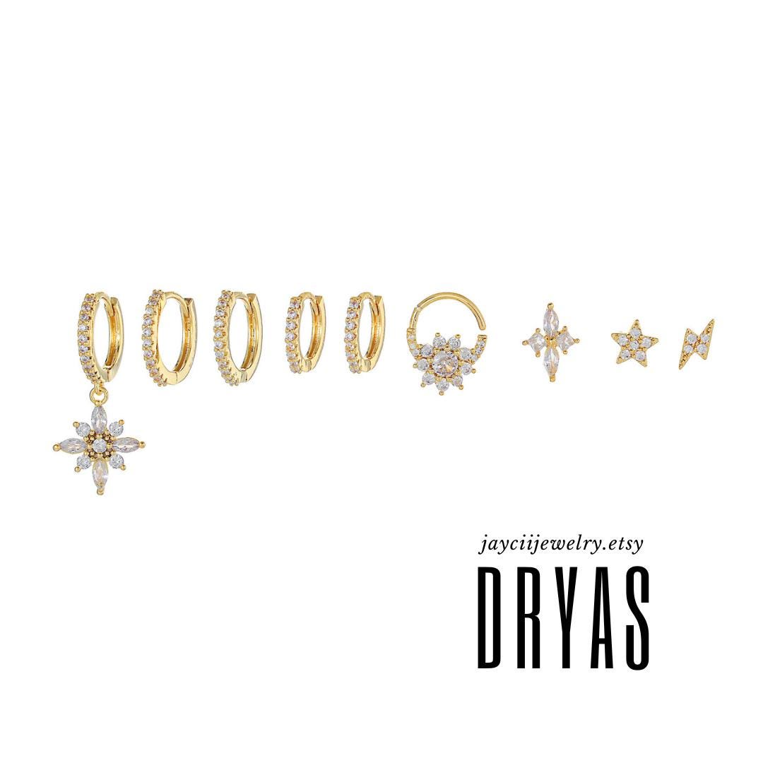 DRYAS - Multiple Gold Piercing Earrings Set For Aesthetic Girl, 9 Pieces Include 6 Huggies and 3 Studs Gold Plated Hypoallergenic Earrings