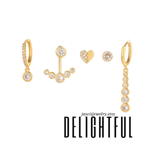 DELIGHTFUL Mismatched Gold Earring Set | Dainty Heart, Drop, and Stud Earrings with CZ Crystals | Elegant Minimalist Jewelry Gift