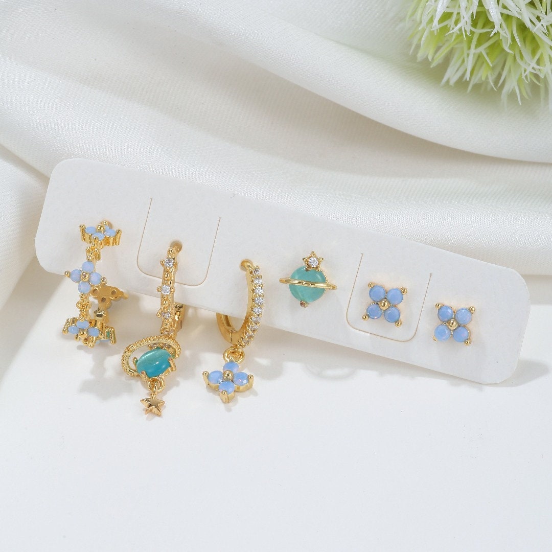 Floral Galaxy Blue Crystal Earrings - Perfect for Daily Wear & Party - Gift for Her - Multiple Gold Pieces - Unique Design