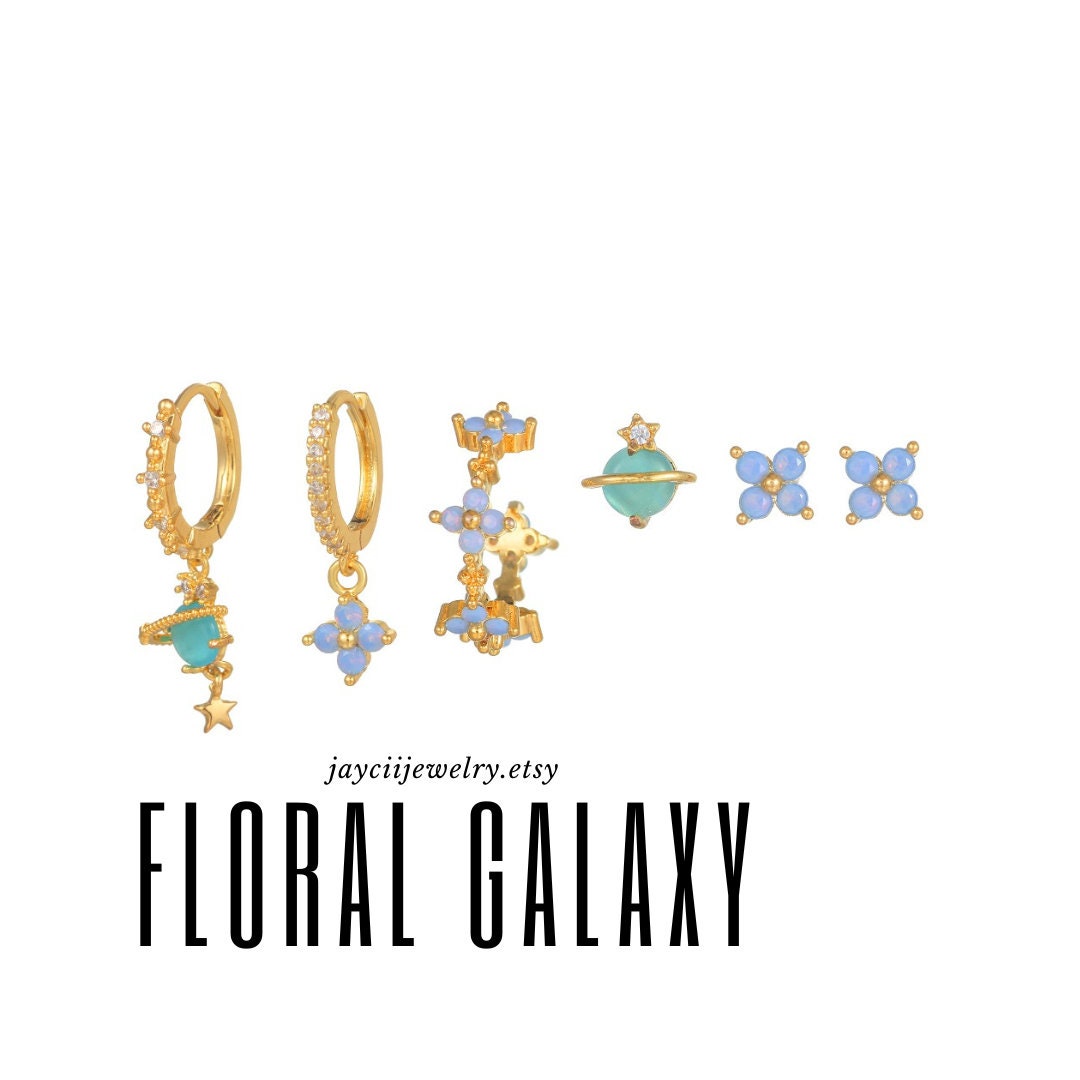 FLORAL GALAXY elegant cute set of earrings, gold double piercing, tragus earring, helix earring, designed earrings, perfect bestie gift