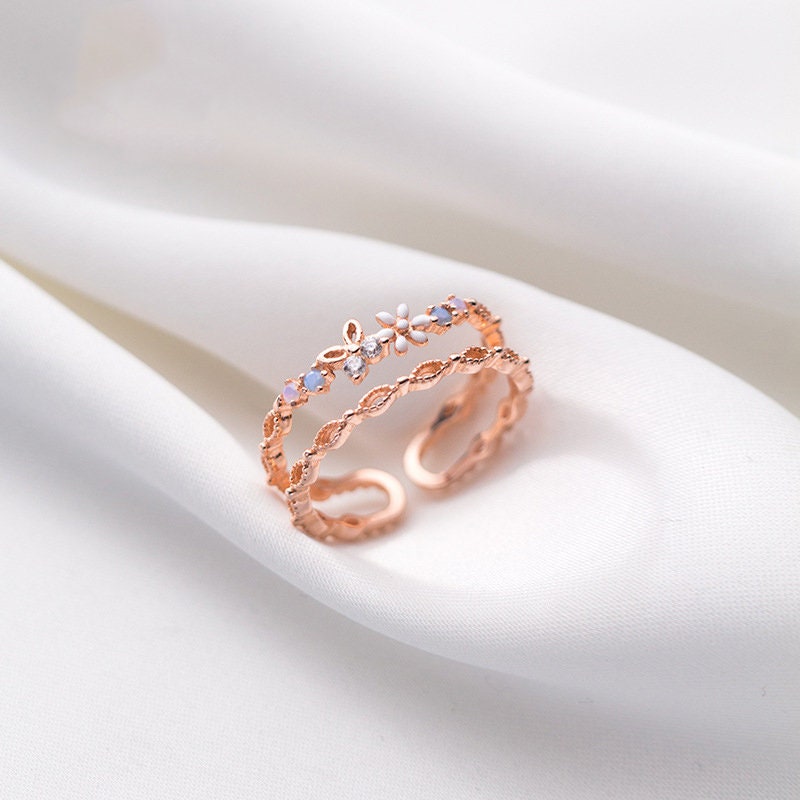 FLORAL ROSE GOLD Stackable Ring Set, Cz Rings, Crescent Rings, Open Ring, Adjustable Flower Rings, Celestial Rings, Rose Gold Rings For Her