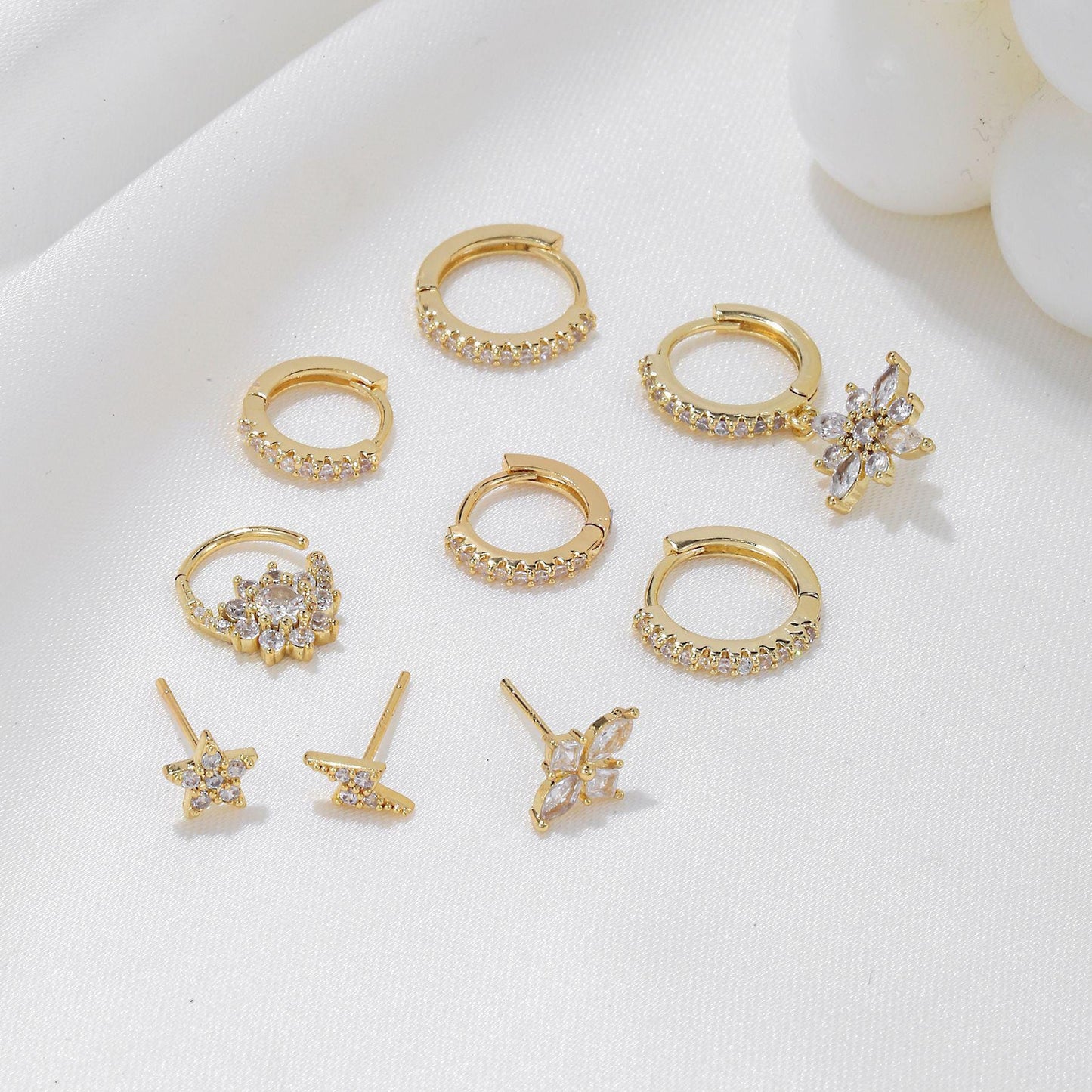 DRYAS - Multiple Gold Piercing Earrings Set For Aesthetic Girl, 9 Pieces Include 6 Huggies and 3 Studs Gold Plated Hypoallergenic Earrings