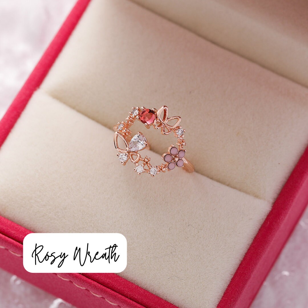 FLORAL ROSE GOLD Stackable Ring Set, Cz Rings, Crescent Rings, Open Ring, Adjustable Flower Rings, Celestial Rings, Rose Gold Rings For Her